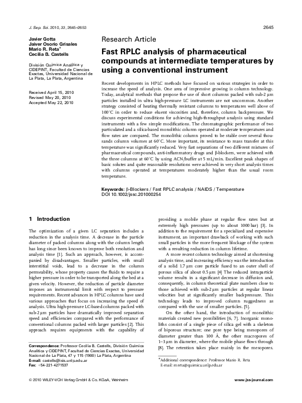 (PDF) Fast RPLC analysis of pharmaceutical compounds at intermediate ...