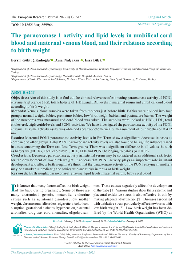 (PDF) The paraoxonase 1 activity and lipid levels in umbilical cord ...