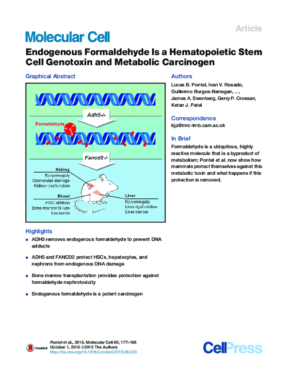 (PDF) Endogenous Formaldehyde Is a Hematopoietic Stem Cell Genotoxin ...