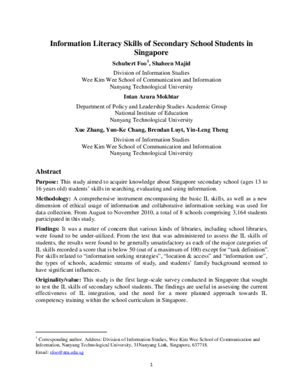 (PDF) Information literacy skills of secondary school students in Singapore