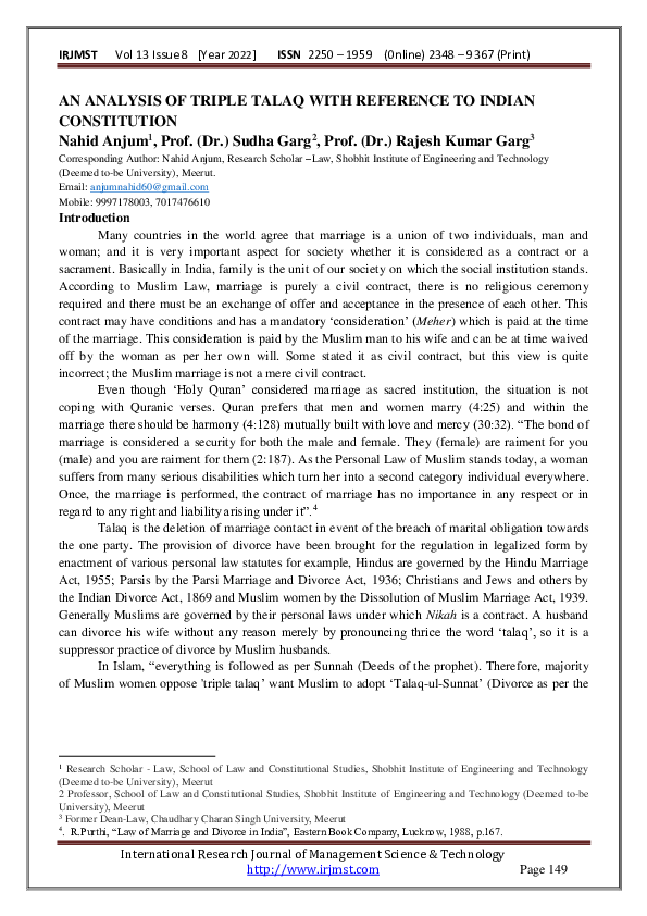 (PDF) AN ANALYSIS OF TRIPLE TALAQ WITH REFERENCE TO INDIAN CONSTITUTION ...