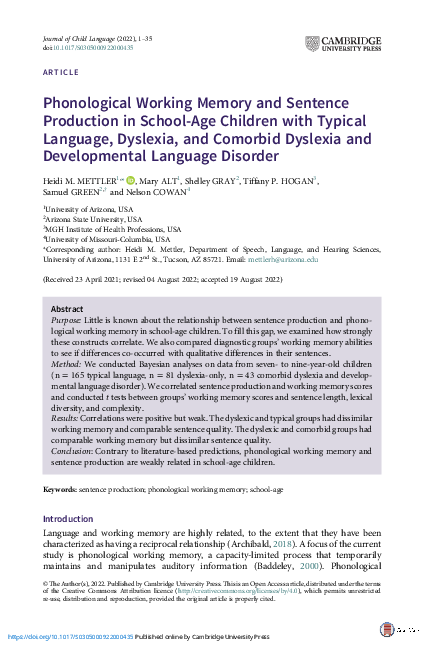 (PDF) Phonological Working Memory and Sentence Production in School-Age ...
