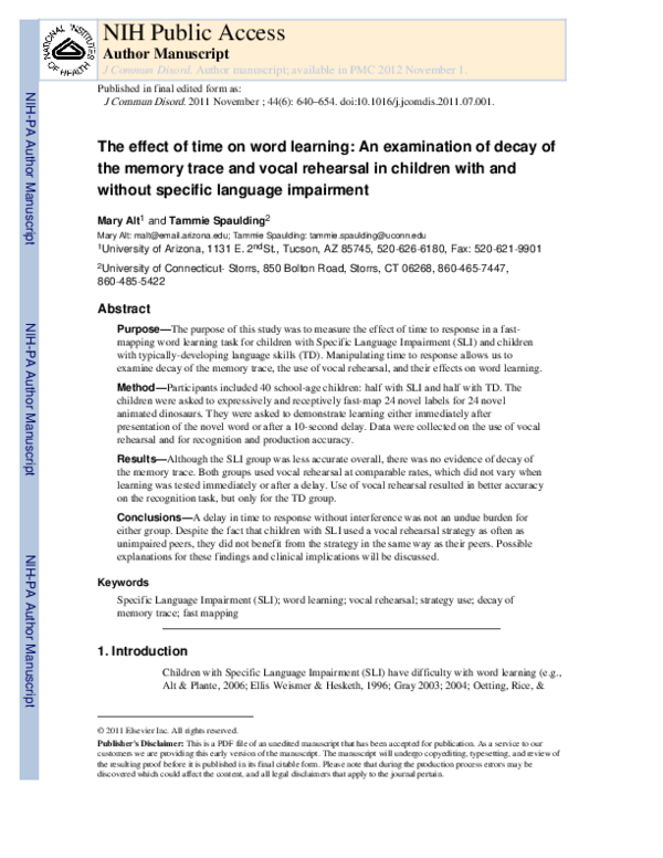(PDF) The effect of time on word learning: An examination of decay of ...