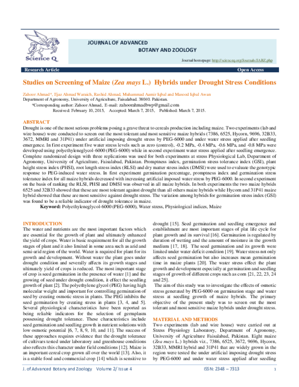 (PDF) Studies On Screening Of Maize (Zea Mays L.) Hybrids Under Drought ...