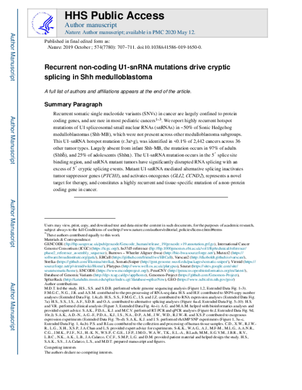 (PDF) Recurrent noncoding U1 snRNA mutations drive cryptic splicing in ...