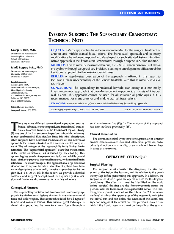 (PDF) Eyebrow Surgery: The Supraciliary Craniotomy: Technical Note