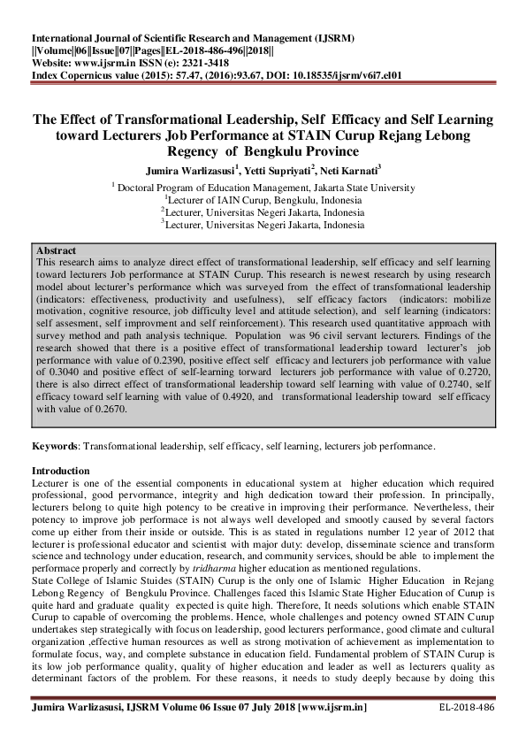 (PDF) The Effect of Transformational Leadership, Self Efficacy and Self ...