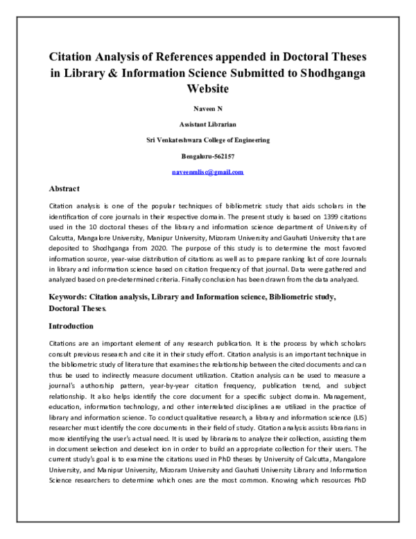 (DOC) Citation Analysis of References appended in Doctoral Theses in ...