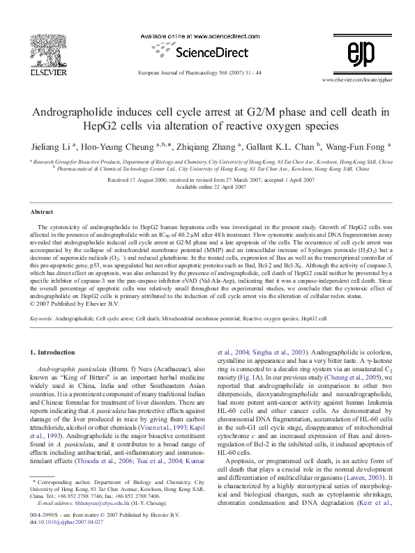 (PDF) Andrographolide induces cell cycle arrest at G2/M phase and cell ...