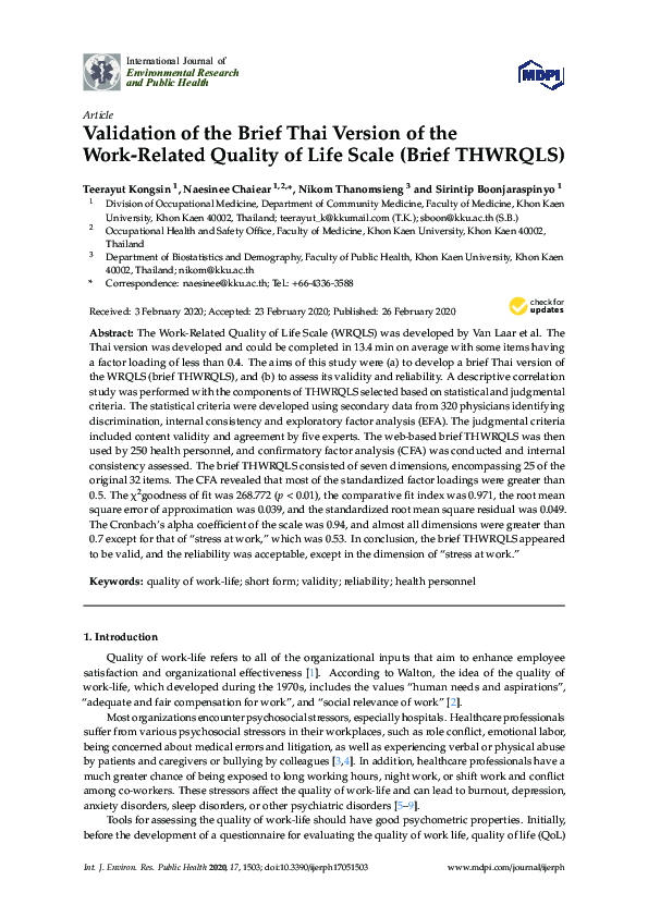 (PDF) Validation of the Brief Thai Version of the Work-Related Quality ...