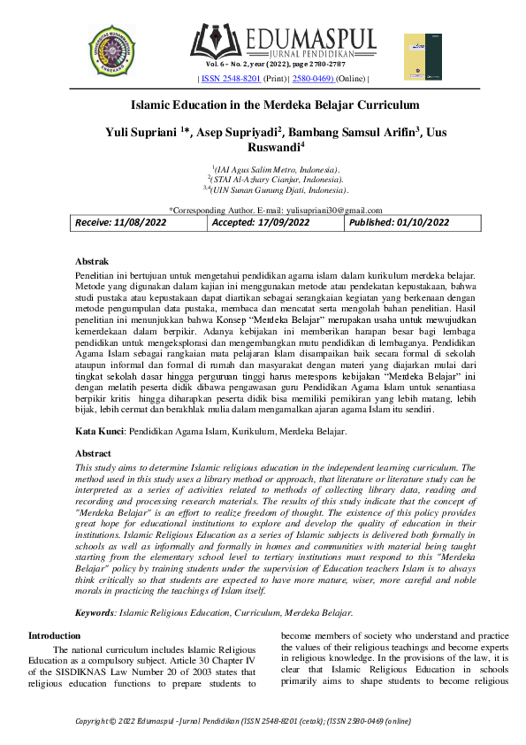 (PDF) Islamic Education in the Merdeka Belajar Curriculum