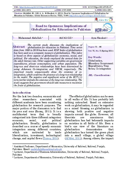 Road to Openness: Implications of Globalization for Education in Pakistan