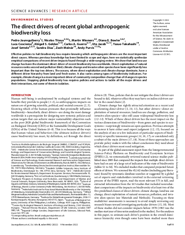(PDF) The direct drivers of recent global anthropogenic biodiversity loss