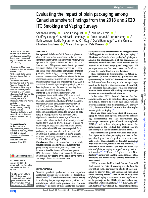 (PDF) Evaluating the impact of plain packaging among Canadian smokers ...