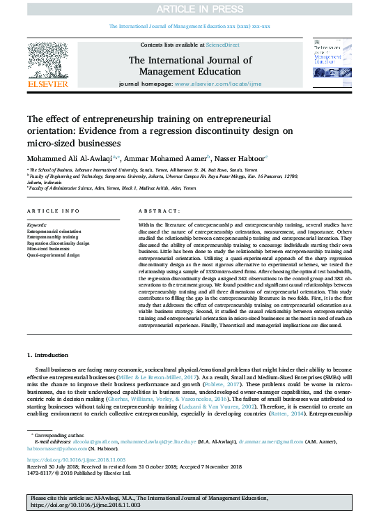 (PDF) The effect of entrepreneurship training on entrepreneurial ...