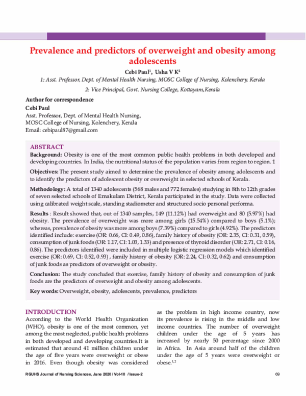 (PDF) Prevalence and predictors of overweight and obesity among adolescents