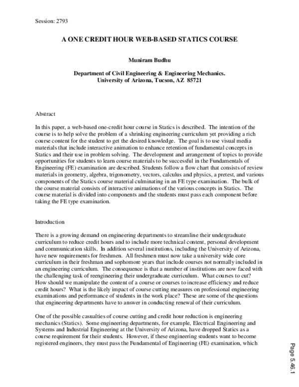 (PDF) A One Credit Hour Web Based Course In Statics