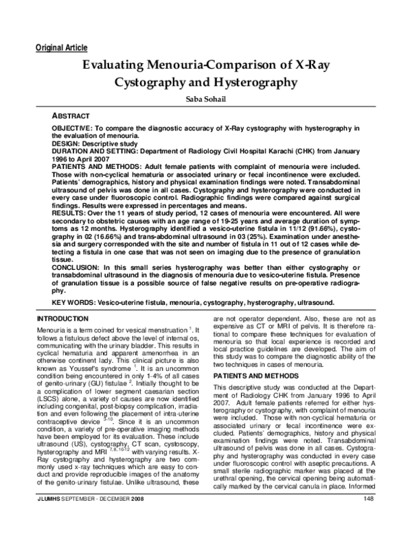 (PDF) Evaluating Menouria-Comparison of X-Ray Cystography and Hysterography