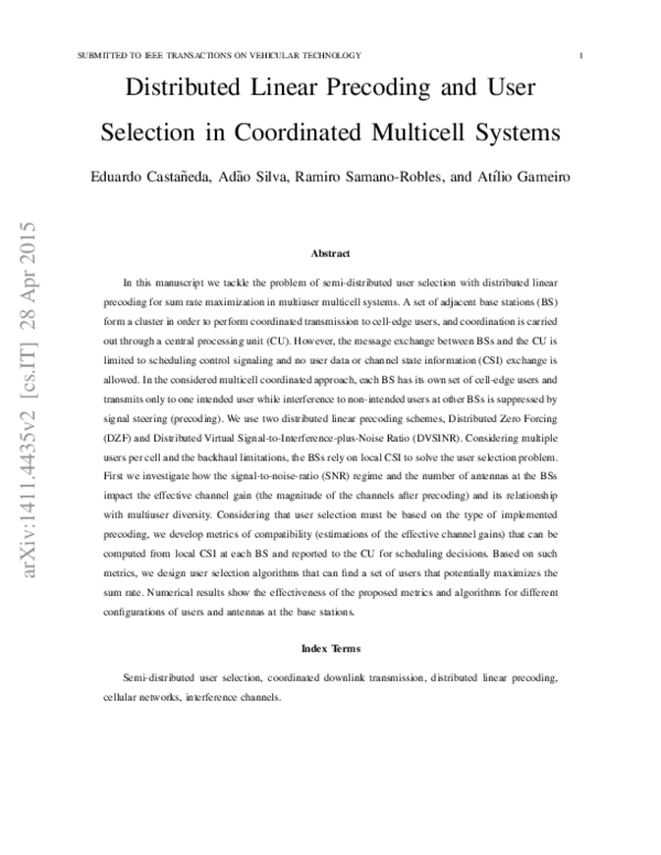 (PDF) Distributed Linear Precoding and User Selection in Coordinated ...