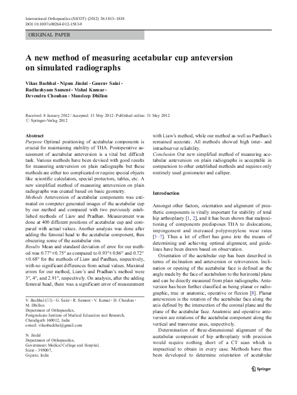 (PDF) A new method of measuring acetabular cup anteversion on simulated ...