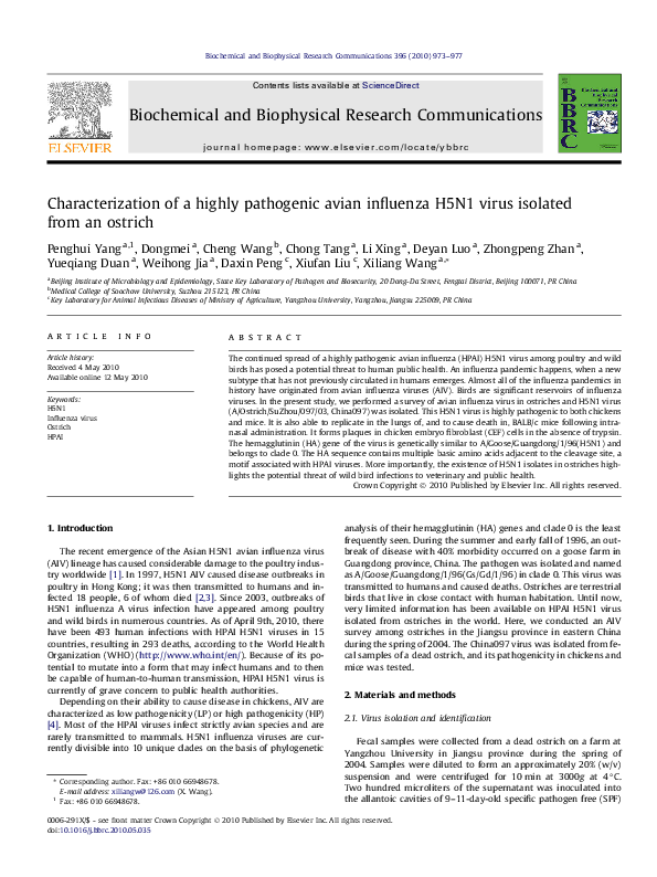 (PDF) Characterization of a highly pathogenic avian influenza H5N1 ...