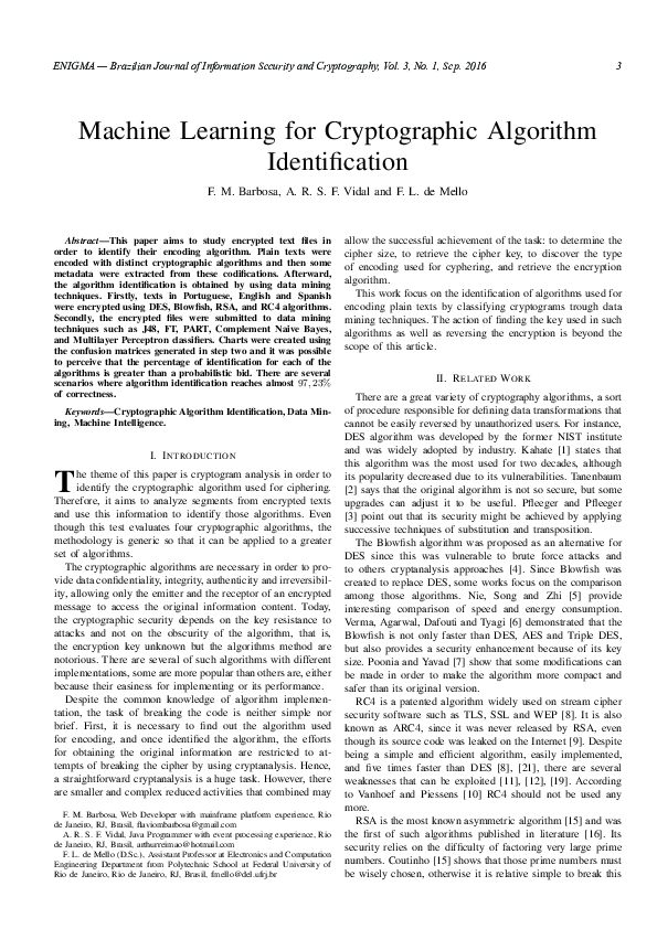 (PDF) Machine Learning for Cryptographic Algorithm Identification