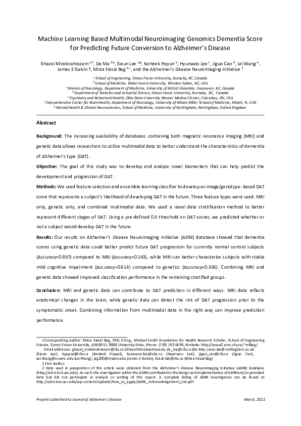 (PDF) Machine Learning Based Multimodal Neuroimaging Genomics Dementia ...