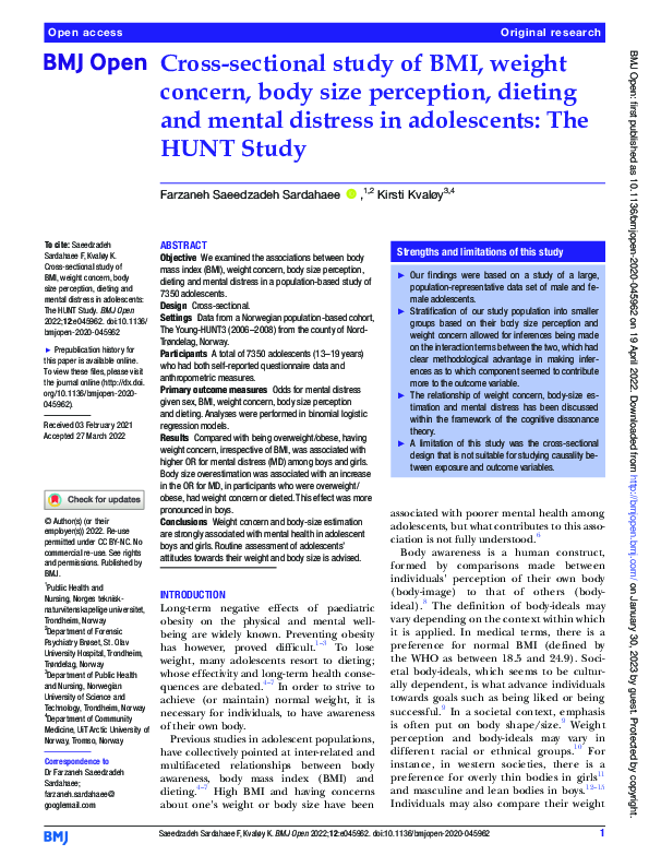 (PDF) Cross-sectional study of BMI, weight concern, body size ...