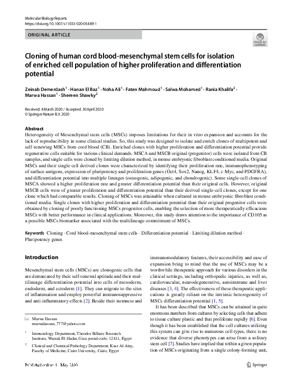 (PDF) Cloning of human cord blood-mesenchymal stem cells for isolation ...