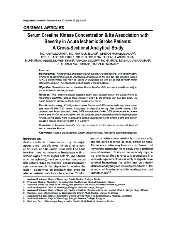 (PDF) Serum Creatine Kinase Concentration Its Association with Severity in Acute Ischemic Stroke