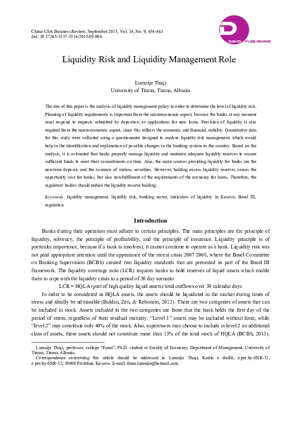 (PDF) Liquidity Risk and Liquidity Management Role