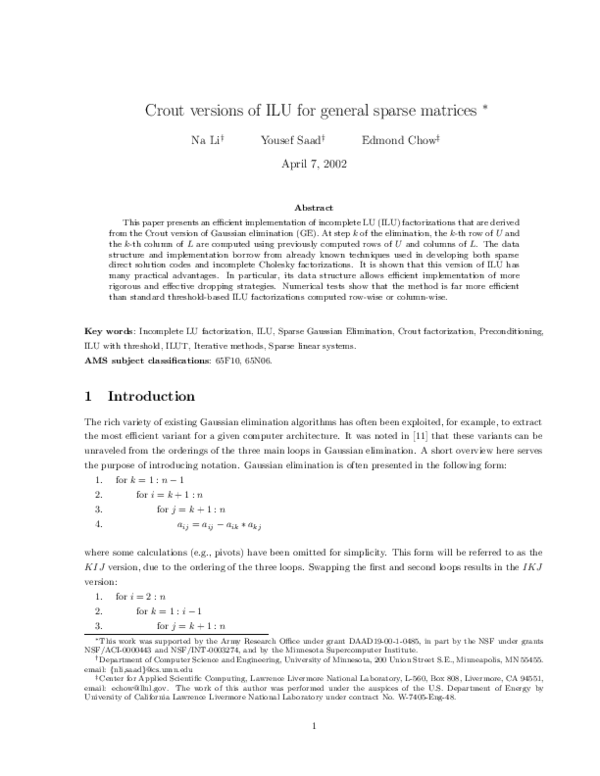 (PDF) Crout Versions of ILU for General Sparse Matrices