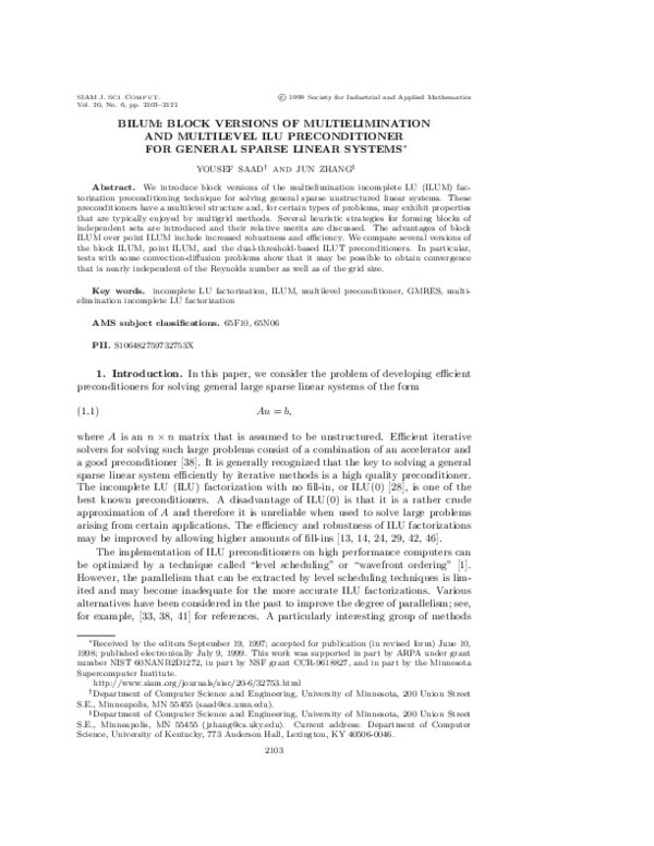 (PDF) BILUM: Block Versions of Multielimination and Multilevel ILU ...