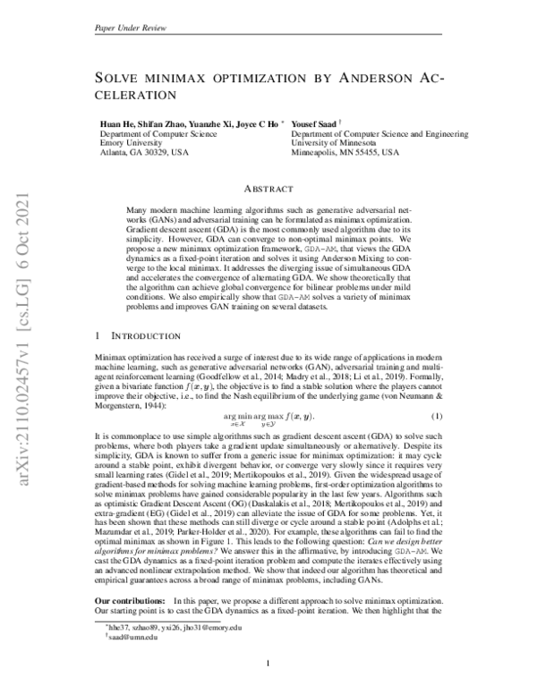 (PDF) Solve Minimax Optimization by Anderson Acceleration