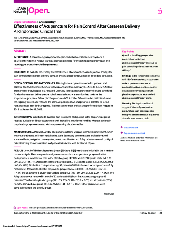 (PDF) Effectiveness of Acupuncture for Pain Control After Cesarean Delivery