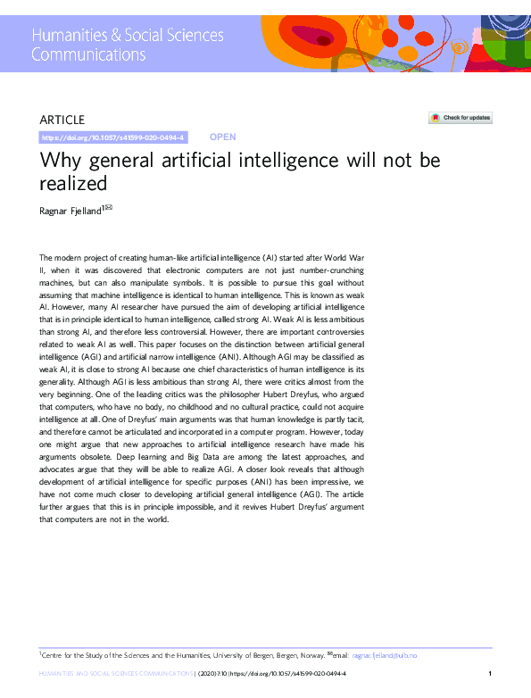 (PDF) Why general artificial intelligence will not be realized