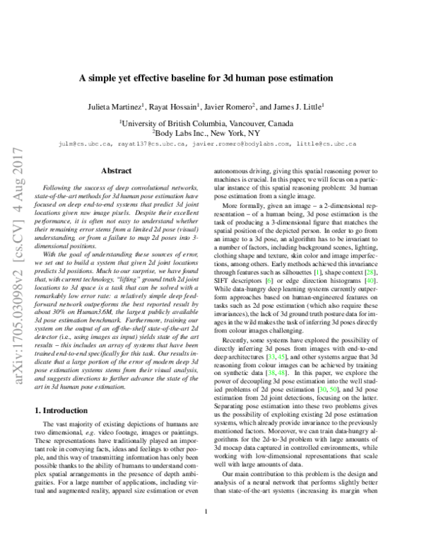 (PDF) A Simple Yet Effective Baseline for 3d Human Pose Estimation