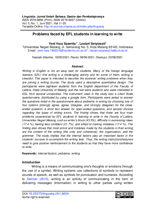(PDF) Problems faced by EFL students in learning to write