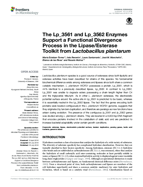 (PDF) The Lp_3561 and Lp_3562 Enzymes Support a Functional Divergence