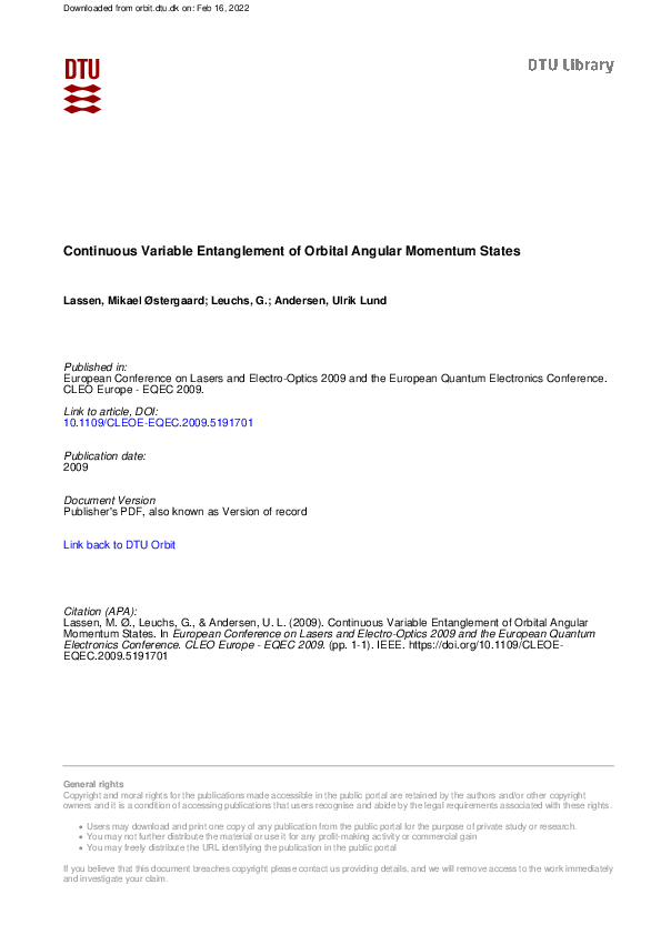 (PDF) Continuous Variable Entanglement of Orbital Angular Momentum States