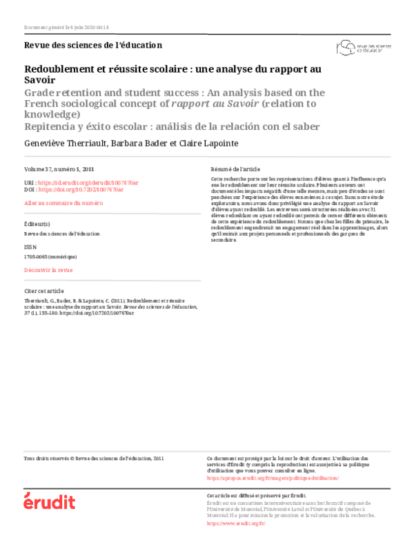 (PDF) Redoublement et réussite scolaire : une analyse du rapport au Savoir
