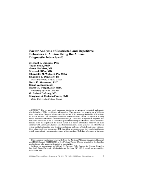 (PDF) Factor Analysis of Restricted and Repetitive Behaviors in Autism ...