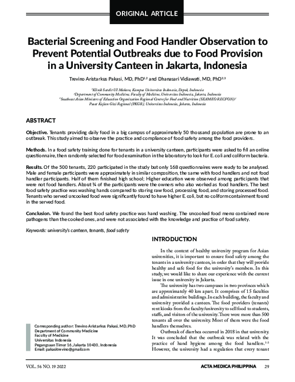 (PDF) Bacterial Screening and Food Handler Observation to Prevent ...
