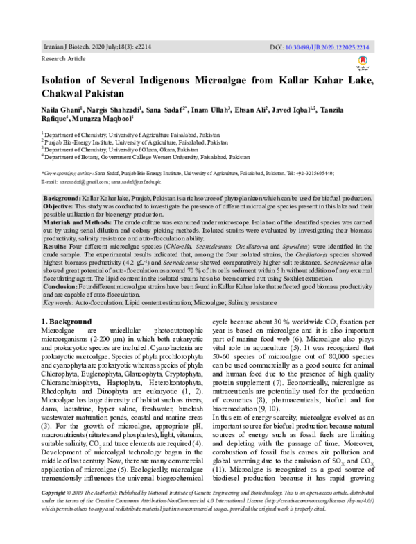 (PDF) Isolation of Several Indigenous Microalgae from Kallar Kahar Lake ...