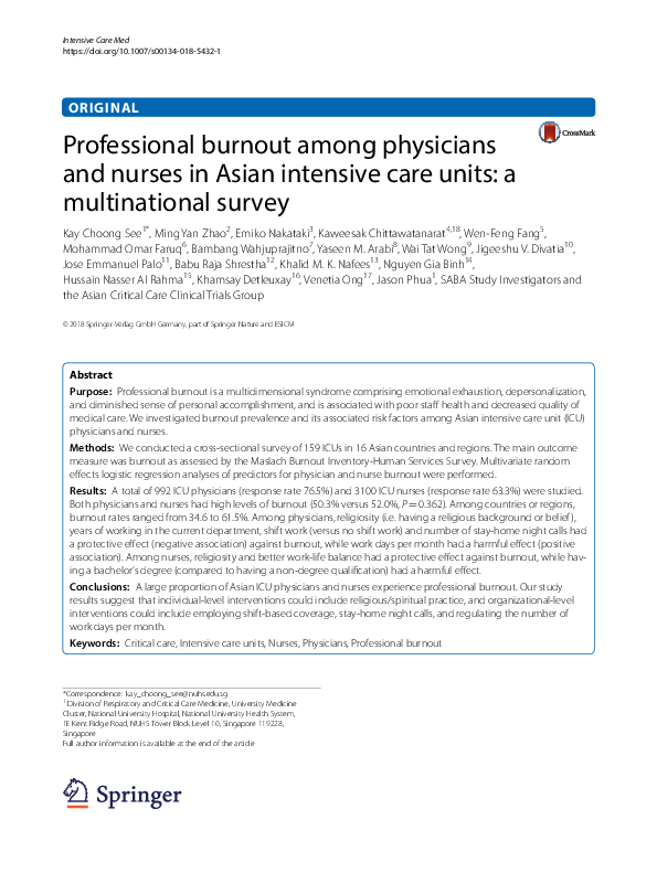 (PDF) Professional burnout among physicians and nurses in Asian ...