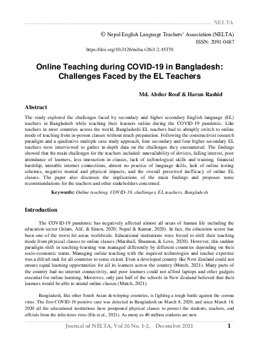 (PDF) Online Teaching during COVID-19 in Bangladesh: Challenges Faced ...