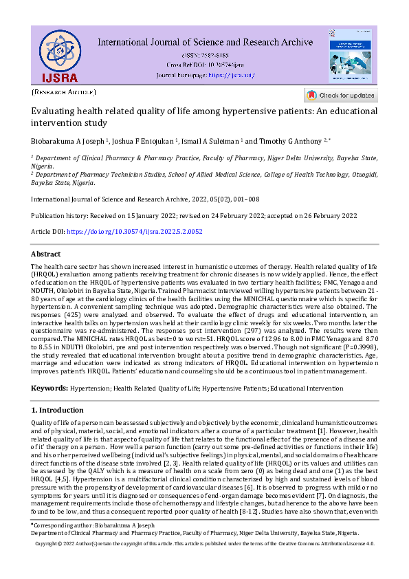 (PDF) Evaluating health related quality of life among hypertensive ...