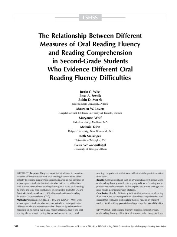 (PDF) The Relationship Between Different Measures of Oral Reading