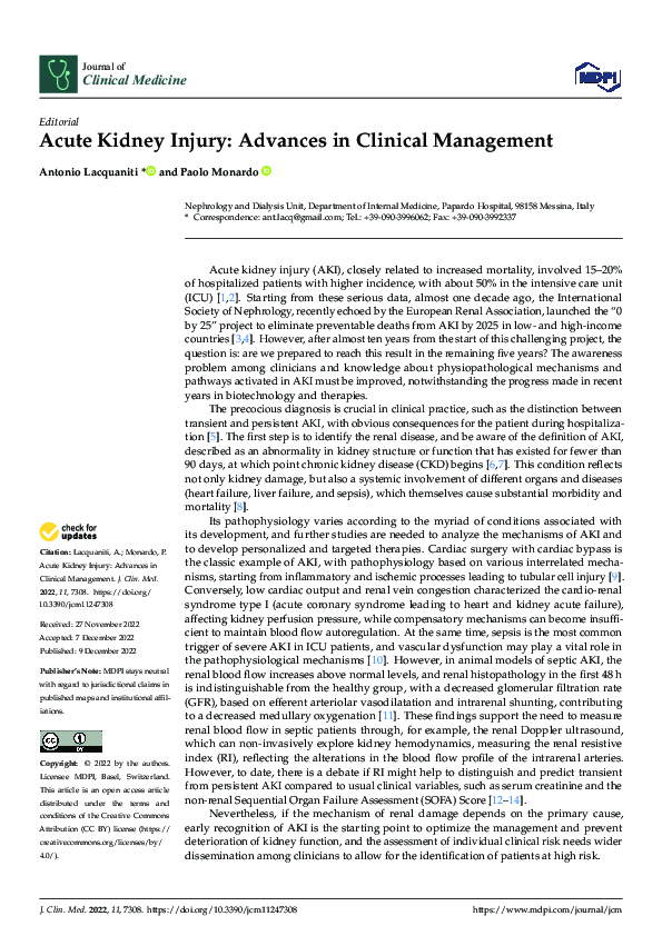 (PDF) Acute Kidney Injury: Advances in Clinical Management