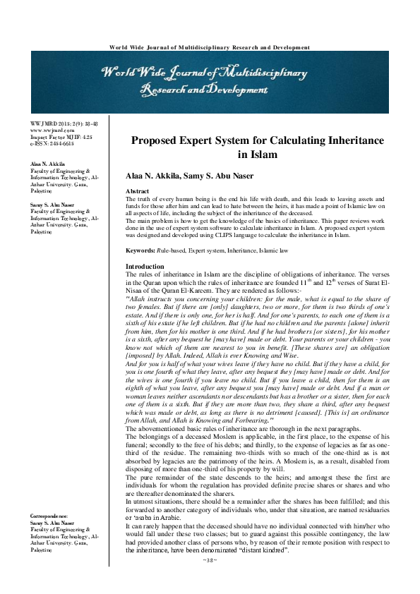 (PDF) Proposed Expert System for Calculating Inheritance in Islam